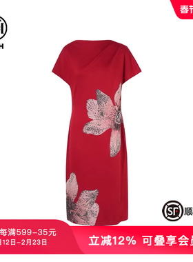 TCH轻奢时尚潮牌荷花烫钻高定收腰气质红色连衣裙女夏T75B30E1208