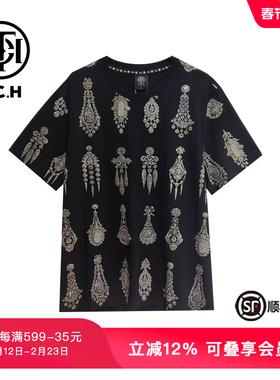 TCH潮牌烫钻华丽耳钉满钻黑色T恤夏新款时尚潮流T72B10E6058