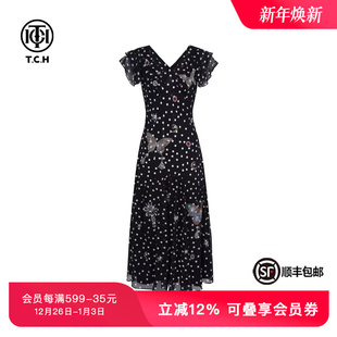 TCH私服烫钻气质淑女减龄A字收腰V领显瘦波点连衣裙女T75B30E5205