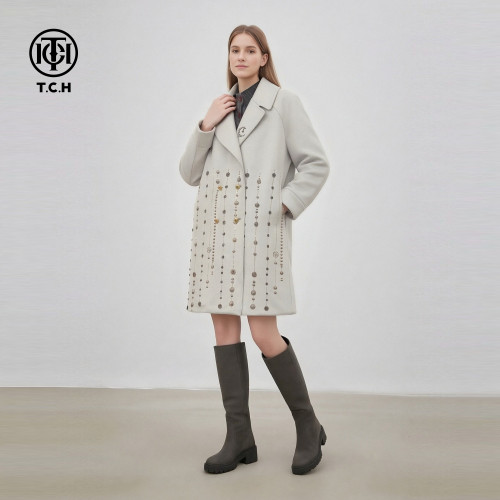 TCH时尚潮牌翅膀烫钻灰色简约廓形翻领大衣风衣外套女T78A28E1001
