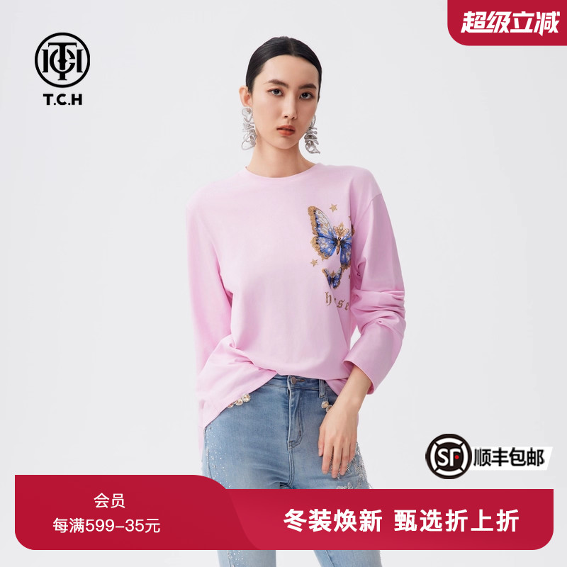 TCH烫钻休闲长袖T恤女圆领百搭宽松上衣男春秋新款T72C086010