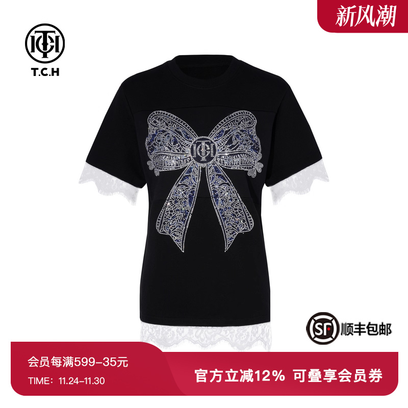 蝴蝶结拼接蕾丝短袖T恤上衣