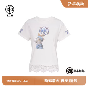 休闲百搭白色短袖 烫钻时尚 T恤女T75A10E5035 新款 TCH私服夏季
