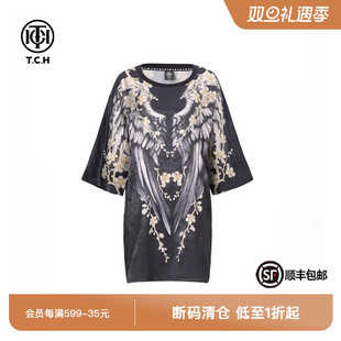 新款 T恤连衣裙女夏季 T75B306015 百搭中长款 TCH烫钻翅膀花卉时尚