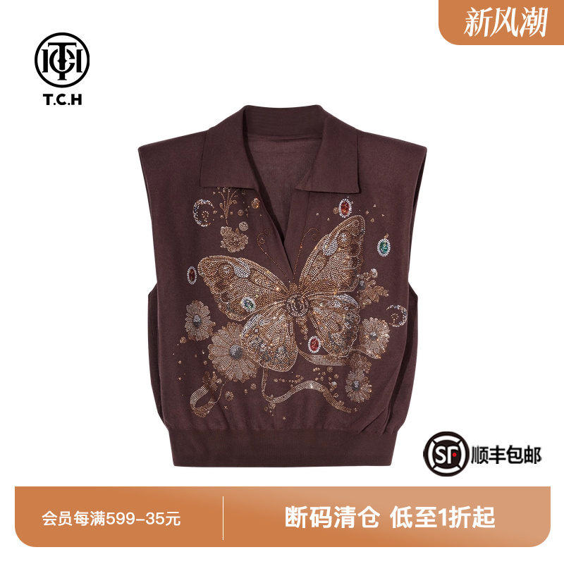 TCH私服烫钻炫彩蝴蝶时尚休闲气质翻领针织无袖T恤女T75B09E5076