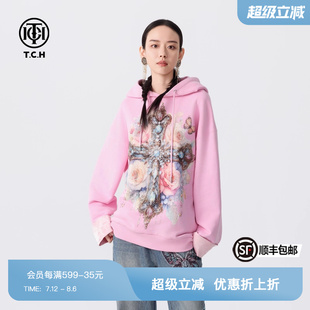 男女T72C126012 TCH潮牌新中式 连帽卫衣2025春季 新款 烫钻加绒帽衫