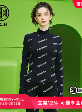 TCH潮牌打底衫烫钻满印字母春秋新款黑色长袖T恤T69A026002