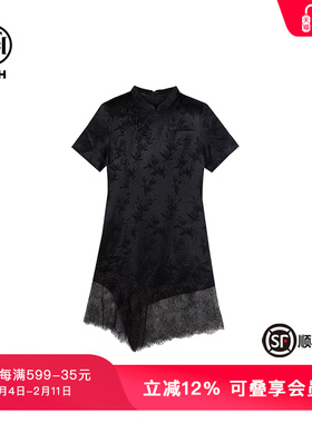 TCH潮牌新中式刺绣烫钻修身显瘦黑色连衣裙T72B30E9001