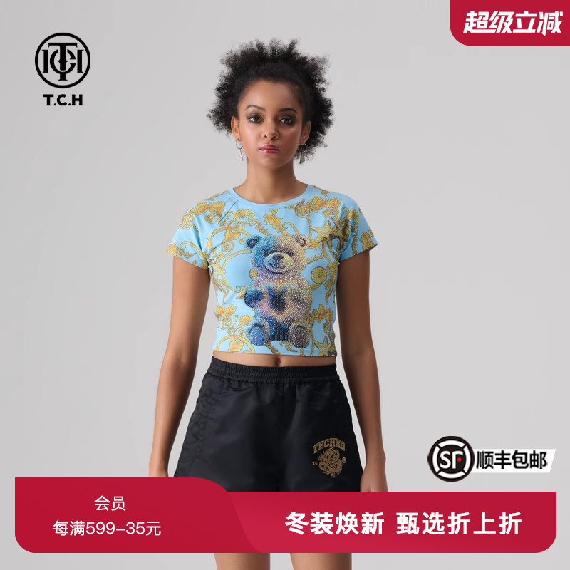TCH轻奢夏季新款烫钻短款圆领T恤上衣男女同款T72B106068