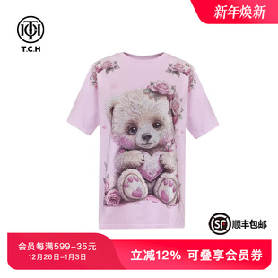 TCH潮牌烫钻时尚 T恤女T75B10E9005 休闲百搭舒适卡通宽松短袖