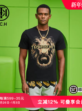 TCH潮牌T恤烫钻狮子头字母春夏新款男女黑色短袖T69B106016