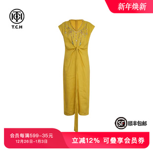 TCH私服烫钻设计感亚麻V领连衣裙女时尚 气质收腰长裙T75B30E1101