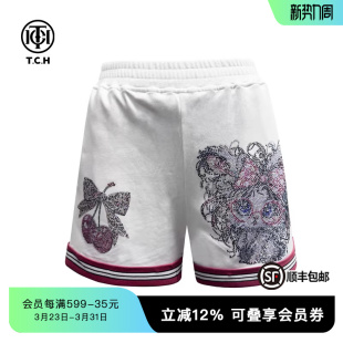TCH轻奢樱桃猫咪烫钻条纹宽松显瘦百搭休闲短裤 T75B21E1016 女夏季