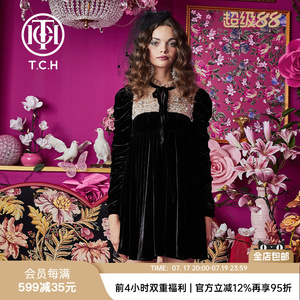 TCH轻奢潮牌丝绒连衣裙手工网纱碎钻复古礼服高级感女T66A306103
