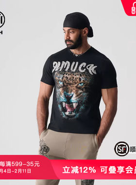 TCH潮牌夏季新款烫钻狮子头黑色圆领短袖T恤T72B106131