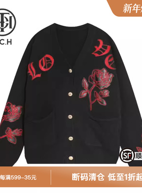 TCH潮牌玫瑰花烫钻黑色针织开衫春秋新款外套男女T21109C3005