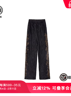 TCH潮牌新中式花藤满钻时尚提花醋酸黑色阔腿裤T72A20E9005