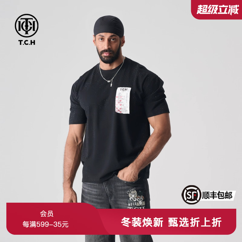 TCH夏新款烫钻黑色休闲T恤男时尚百搭半袖女轻奢T72B106008