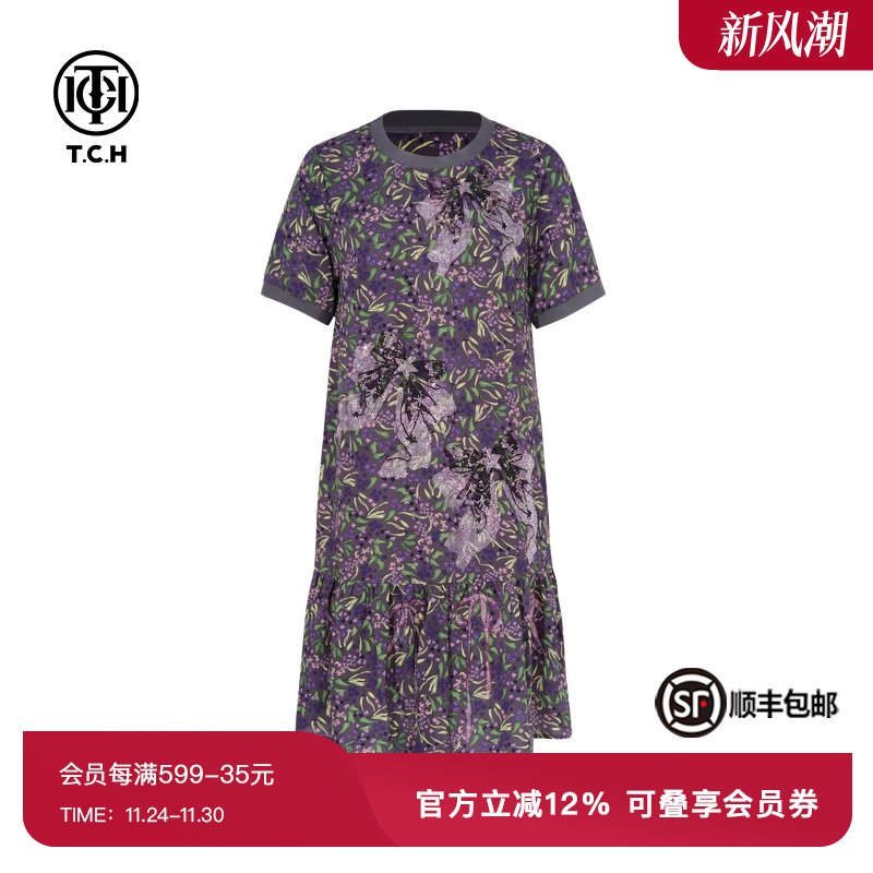 TCH私服烫钻时尚休闲圆领显瘦碎花气质连衣裙女T75B30E5232