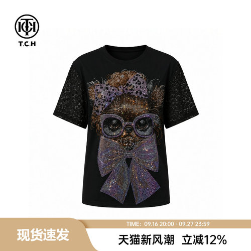 TCH轻奢潮牌烫钻蝴蝶结短袖T恤女夏季新款显瘦上衣T78A10B9062