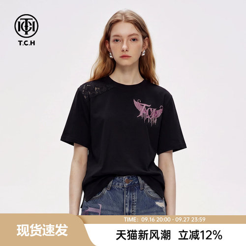 TCH潮牌翅膀印花短袖T恤女夏季圆领重工设计感上衣T78A10B9096