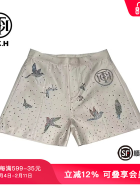 TCH潮牌新中式系列烫钻满钻高腰米色短裤夏季新款T72B21E9015