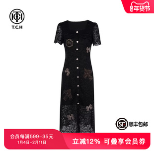 TCH轻奢烫钻气质方领收腰显瘦长裙夏蕾丝镂空连衣裙女T75B30E1080