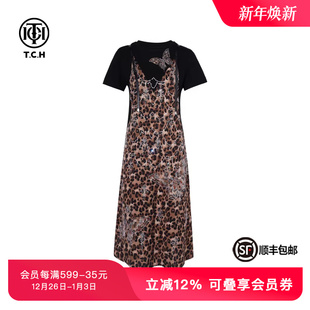 TCH私服烫钻豹纹个性 假两件宽松显瘦时髦洋气连衣裙女T75B30E5130