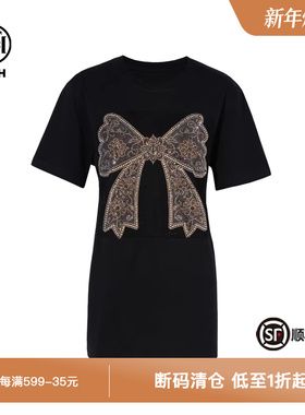 TCH私服轻奢感蝴蝶结烫钻时尚黑色短袖T恤春秋新款T75C10B1029