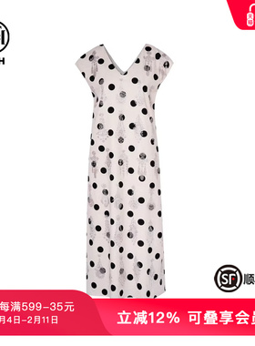 TCH轻奢烫钻设计感时尚休闲百搭V领宽松波点连衣裙女T75B30E1066