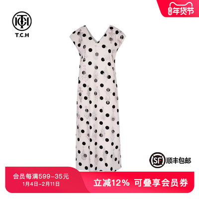 百搭V领宽松波点连衣裙