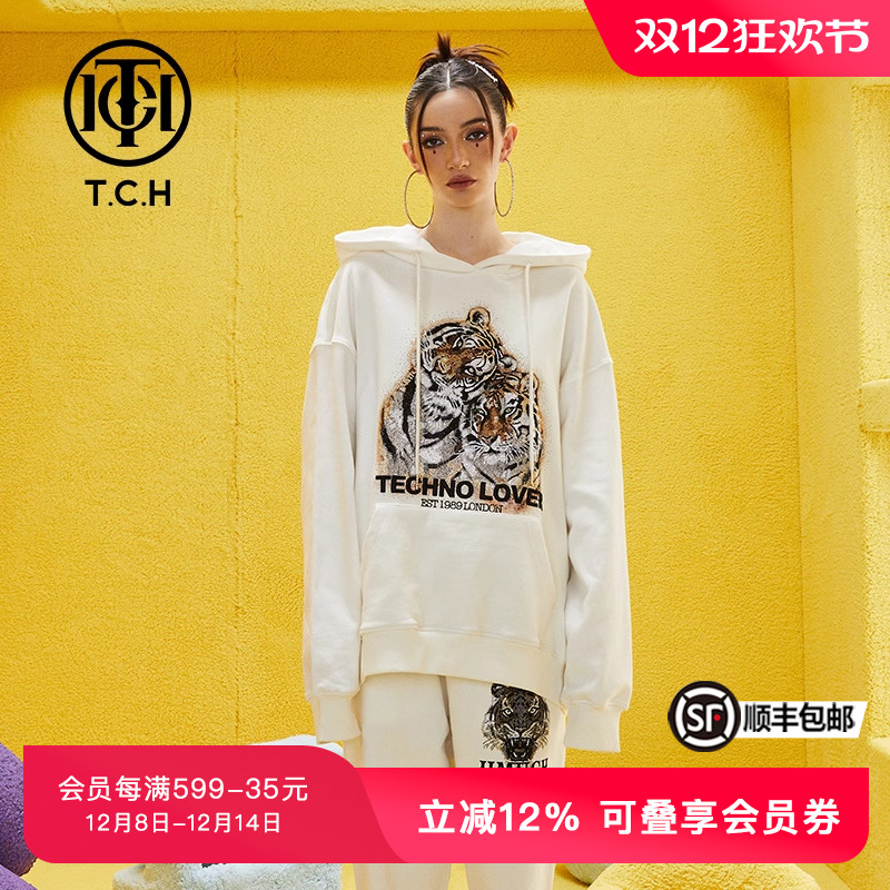 潮牌双虎烫钻烫钻TCH连帽卫衣