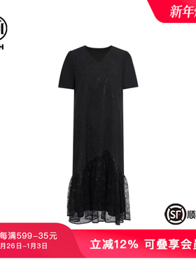 TCH轻奢高定花卉烫钻时尚百搭黑色长款连衣裙T75A30E1022私服tch
