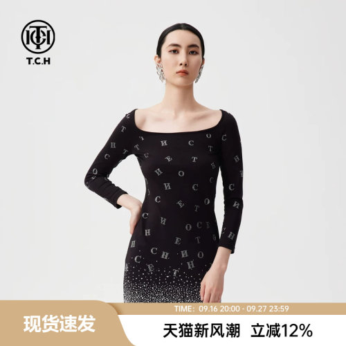 TCH早秋新款潮牌烫钻时尚收腰连衣裙女T72C306039