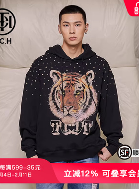 TCH轻奢潮牌冬季新款烫钻虎头男女同款连帽卫衣T69D126007