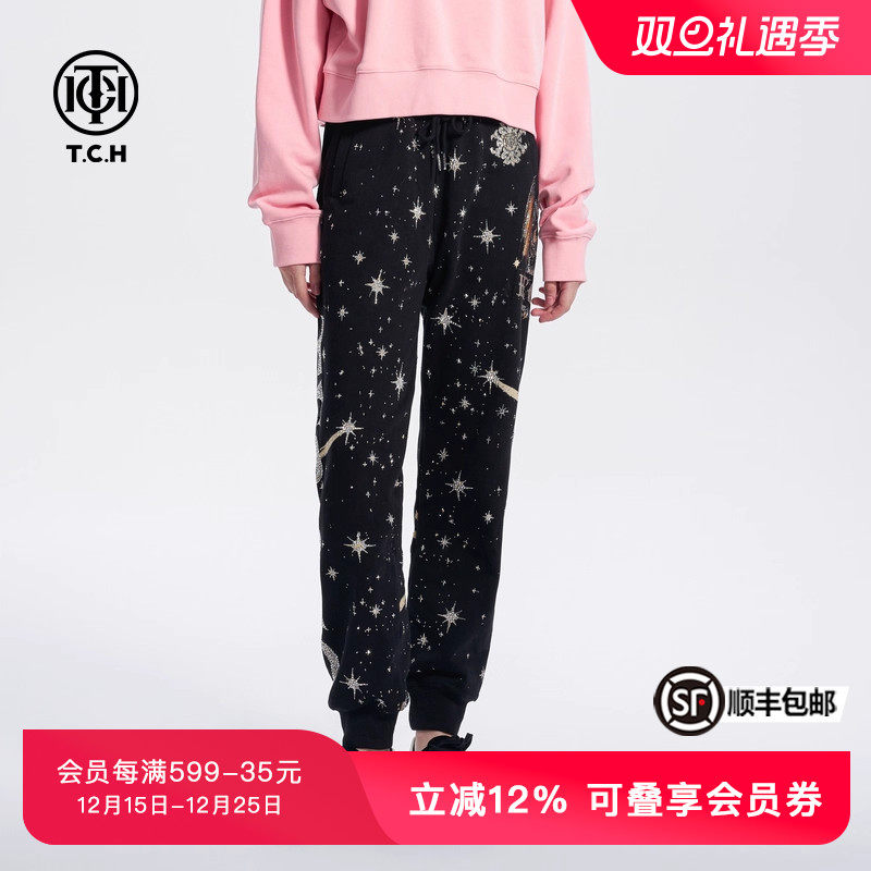 TCH满印烫钻潮牌休闲时尚束脚卫裤男女同款春秋T72C206057