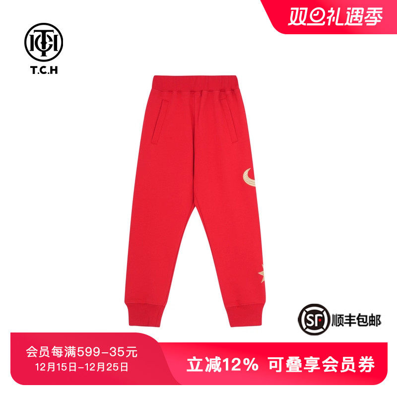 TCH潮牌童装烫钻松紧腰红色休闲裤子秋冬新款男女同款T66C20E501K