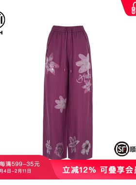 TCH私服烫钻亚麻直筒宽松百搭紫色休闲长裤女夏季轻薄T75B20E5153