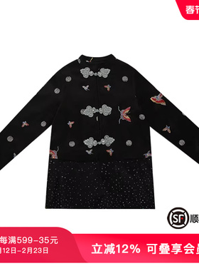 TCH时尚潮牌新中式风格蝴蝶盘扣刺绣烫钻黑色外套T72C27E8001