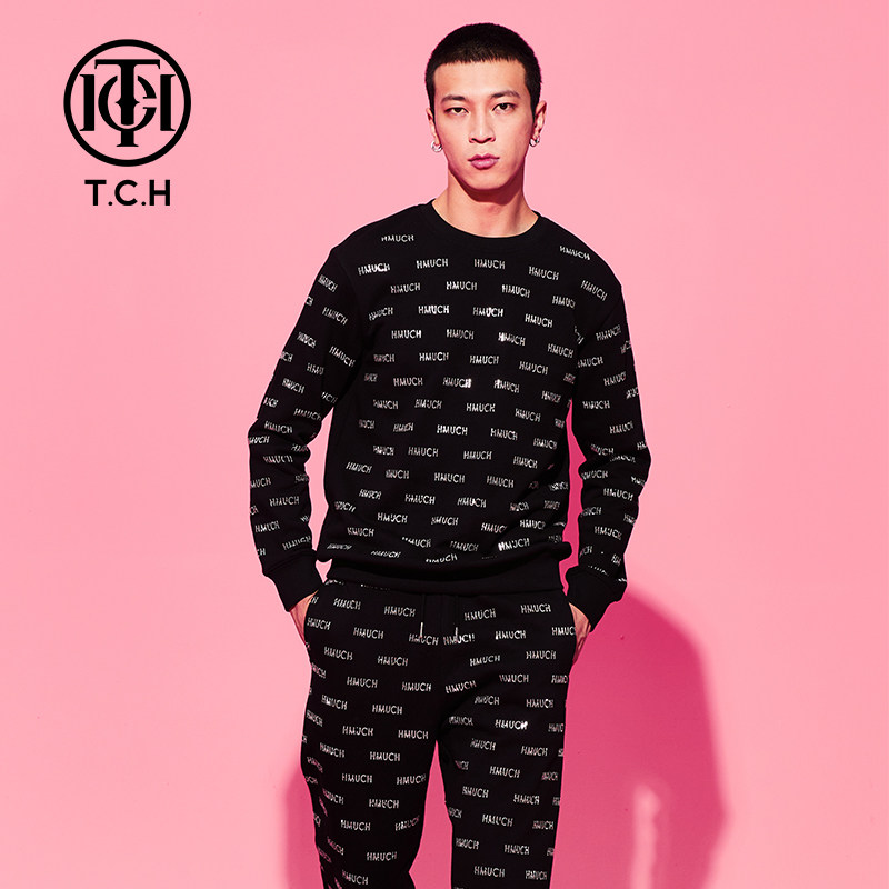 TCH春秋潮牌轻奢烫钻字母修身黑色卫衣男女同款T69C116007