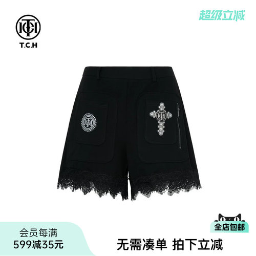 TCH轻奢烫钻潮牌辣妹时尚蕾丝边宽松短裤女25秋冬新款T75C21E9001