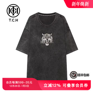 TCH潮牌烫字母T恤小圆领半袖 T69C108021 春秋男女深灰色短袖