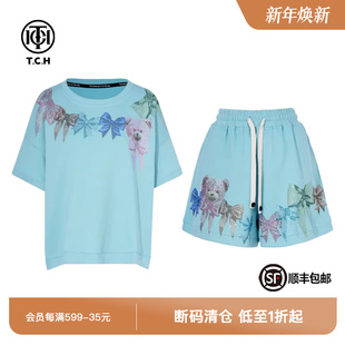 女夏季 TCH私服烫钻休闲时尚 套装 T恤短裤 T75B07E5071 宽松圆领短袖