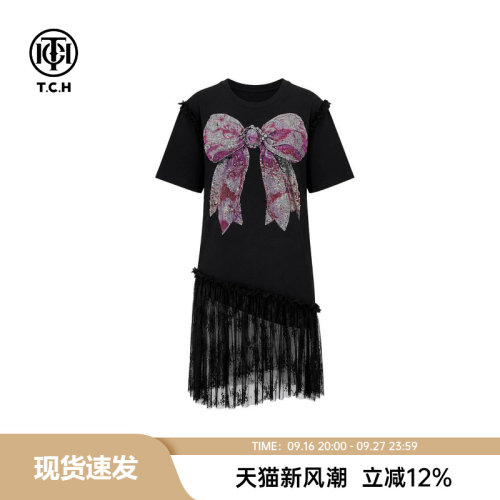 TCH【轻奢潮流】夏款时尚烫钻黑色休闲风女装连衣裙T78A30B9032