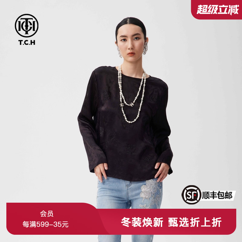 TCH春秋新款黑色烫钻长袖T恤设计感国风休闲上衣T72C086060