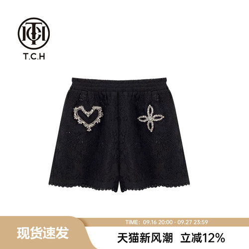 高腰新中式TCH三分裤烫钻手工