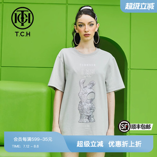 男女灰色圓領(lǐng)衫 TCH潮牌短袖 T恤燙鉆太空兔2025夏季 新款 T69B106066