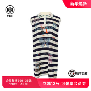 TCH私服烫钻条纹撞色时尚 洋气宽松显瘦polo领连衣裙女T75B30E5170