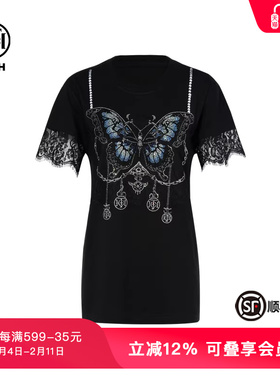 TCH轻奢蝴蝶烫钻蕾丝拼接时尚百搭气质短袖T恤女夏季T75B10B1058