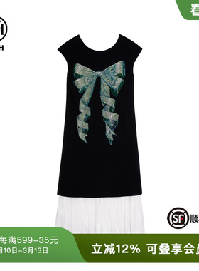 TCH夏季新款蝴蝶结烫钻时尚气质黑色拼接连衣裙T75B30E1053